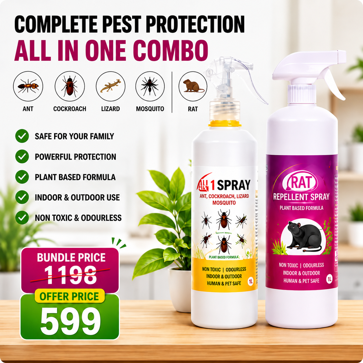 All-in-One Pest Control Combo | Rodent, Cockroach, Ant & Lizard Repellent Spray for Complete Home Safety