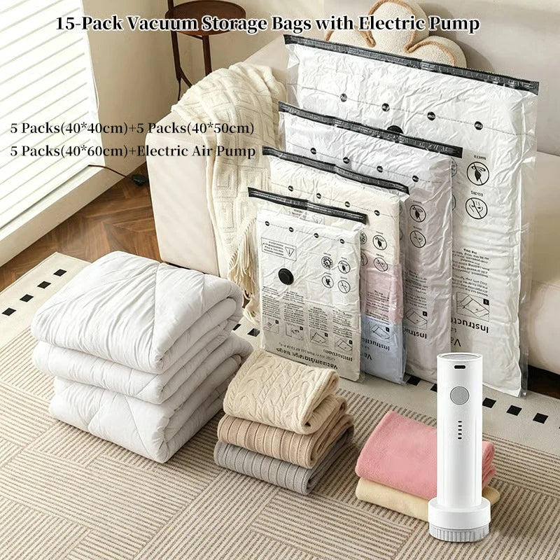 Reusable Ziplock Vacuum Storage Space Saver Plastic Bags for Clothes with Travel Hand Pump - Pack of 5 (2S (60Cmx80Cm), 2M (50Cmx70Cm), 1L(80Cmx100Cm)) - White