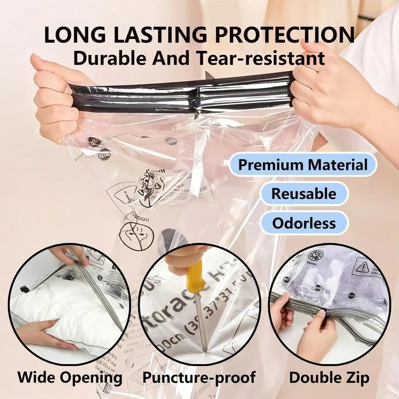 Reusable Ziplock Vacuum Storage Space Saver Plastic Bags for Clothes with Travel Hand Pump - Pack of 5 (2S (60Cmx80Cm), 2M (50Cmx70Cm), 1L(80Cmx100Cm)) - White